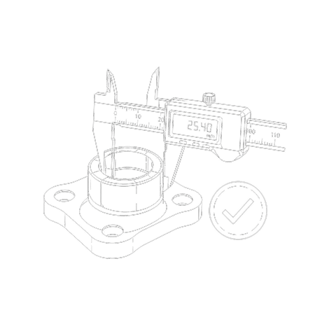 A line drawing of a digital caliper measuring a metal part.