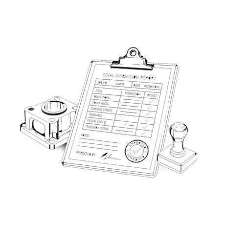 A line drawing of a machined part, a final inspection report, and an approved stamp.