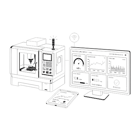 A line drawing of a CNC machine connected to digital monitoring dashboards.