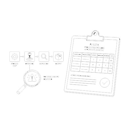 A line drawing illustrating a PFMEA process flowchart and a clipboard.