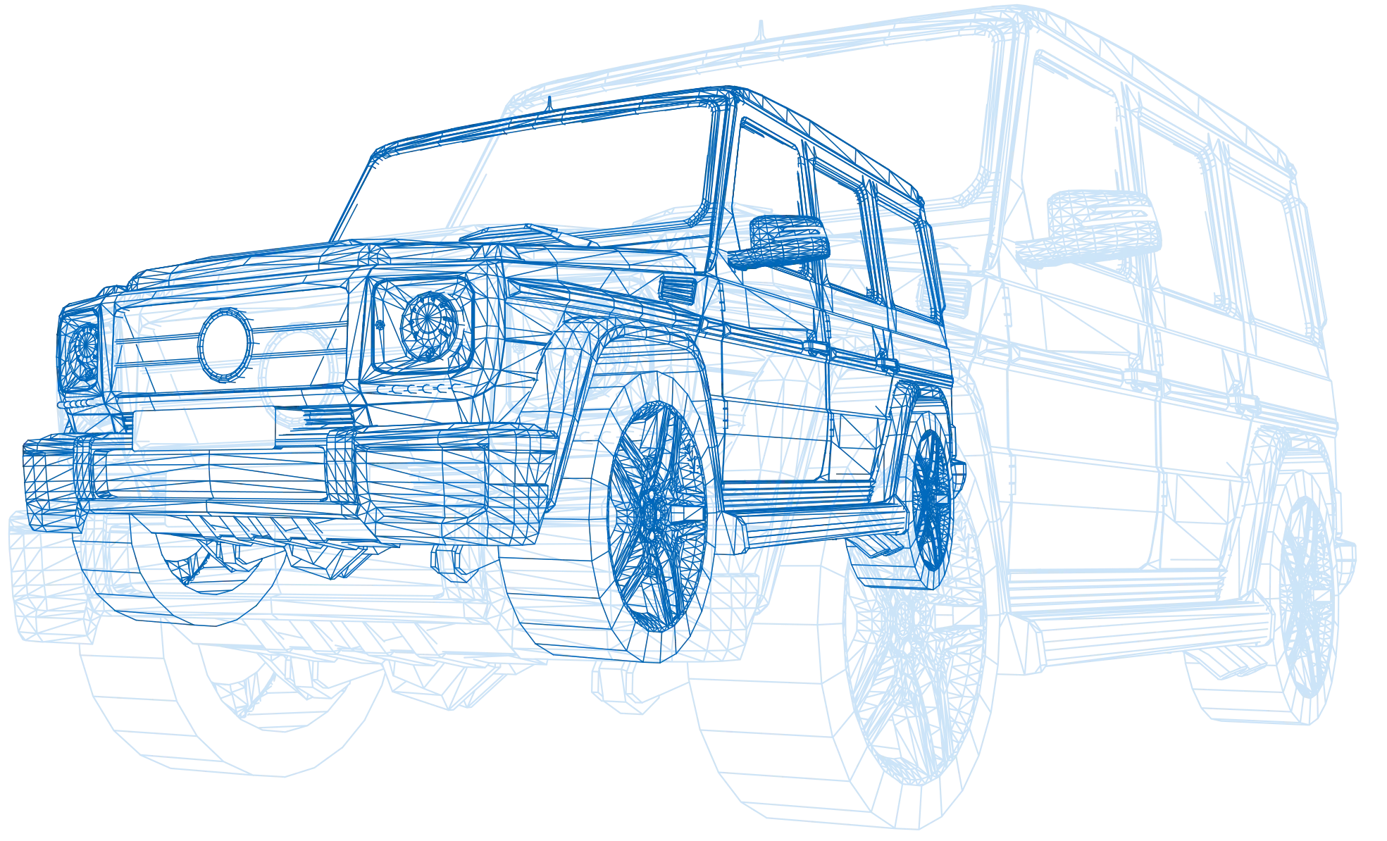 A blue 3D wireframe model of an SUV against a black background.
