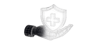 A wireframe hand holding a medical shield.