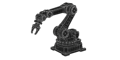 A wireframe illustration of an industrial robotic arm.