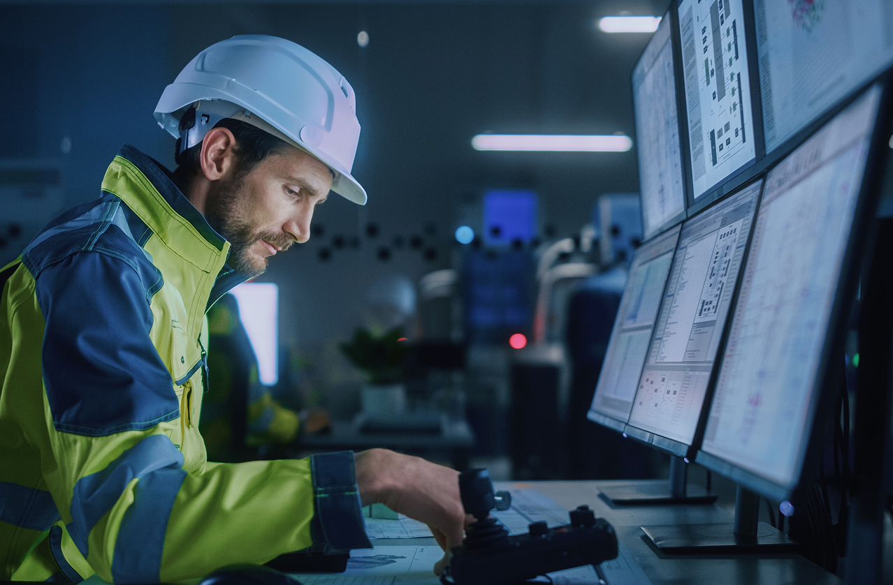 An engineer in a hard hat monitoring data on multiple screens in a control room.